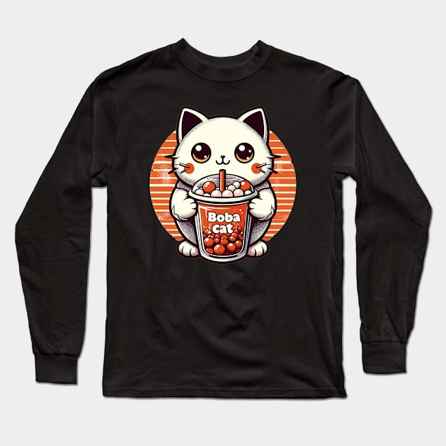 Boba Cat with Milk Tea Long Sleeve T-Shirt by AlephArt